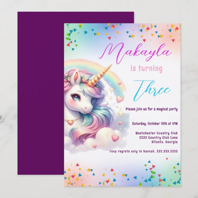Unicorn Birthday Rainbow Party Customizable Invitation (Front/Back)