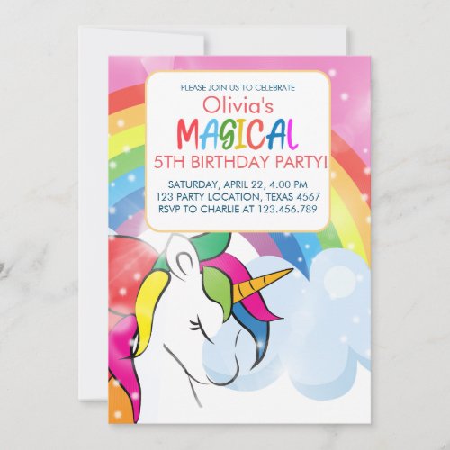 Unicorn Birthday Rainbow Party Magical Girl Party  Invitation