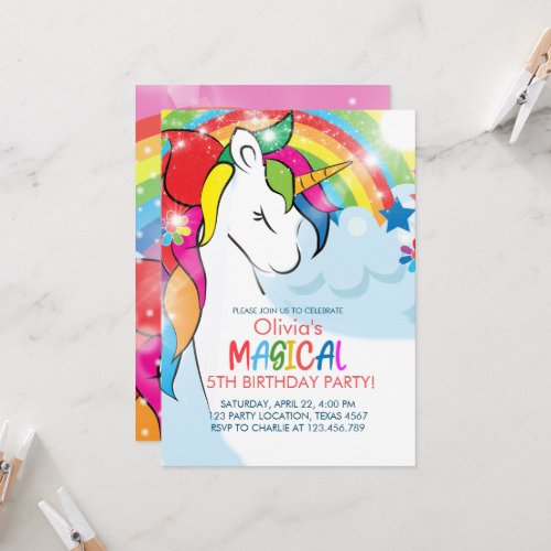Unicorn Birthday Rainbow Party Magical Girl Party Invitation