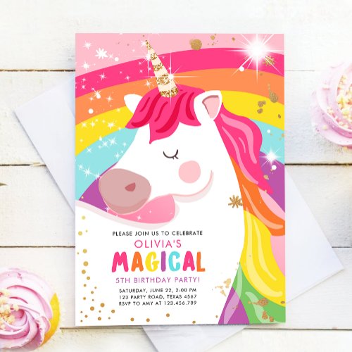Unicorn Birthday Rainbow Party Magical Girl Pink Invitation