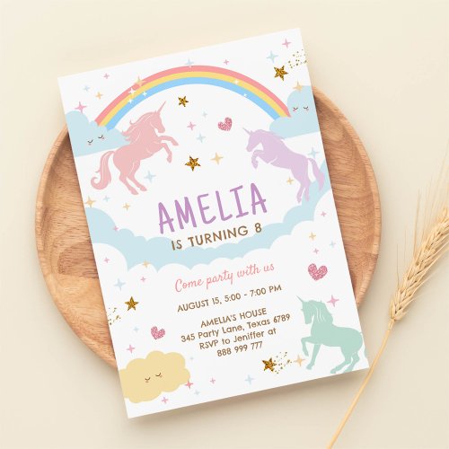 Unicorn Birthday Rainbow Pastel Magical Party Invitation