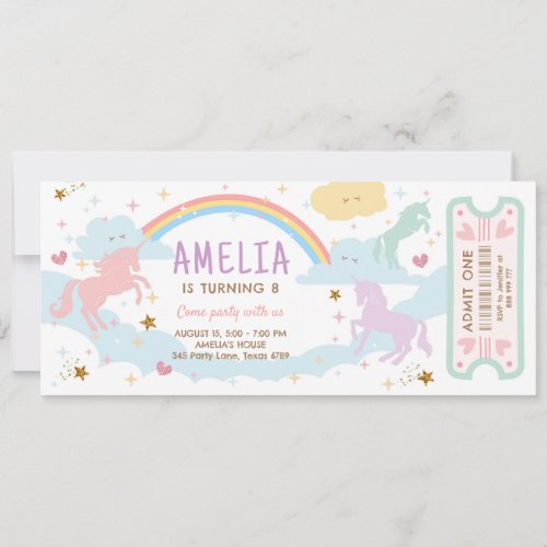 Unicorn Birthday Rainbow Pastel Magical Ticket Invitation