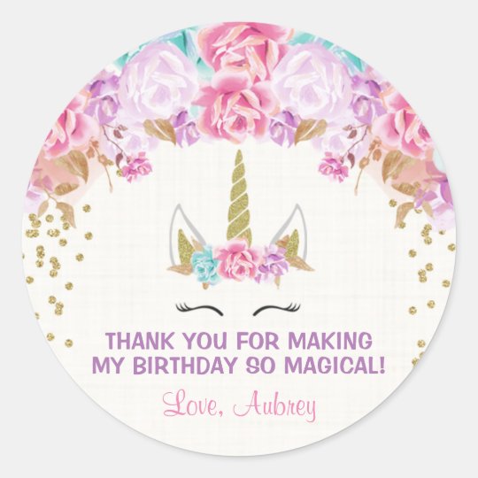 unicorn birthday stickers pink and gold classic round sticker zazzlecom