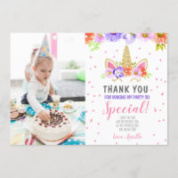 Unicorn Birthday Thank You Card Pink