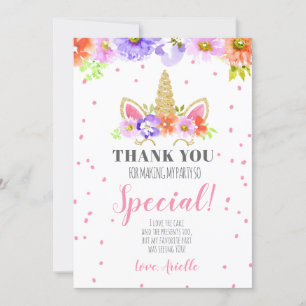 Unicorn Birthday Thank You Card Pink