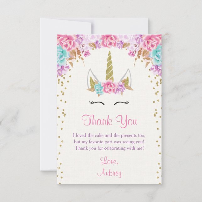 Unicorn birthday thank you card, pink and gold card (Front)