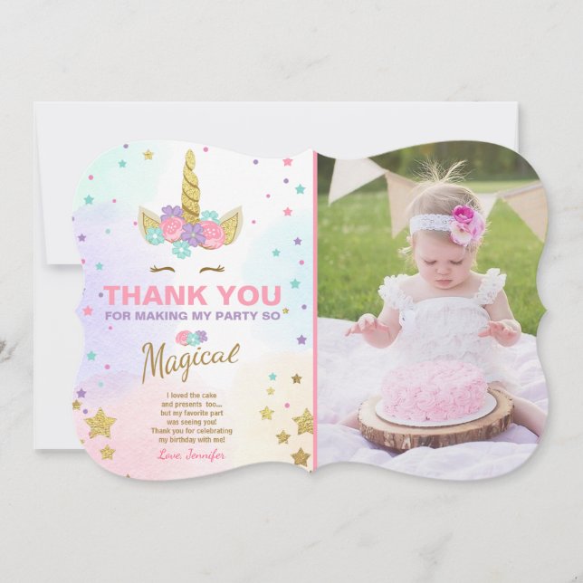 Unicorn Birthday Thank you card Pink Gold Magical (Front)