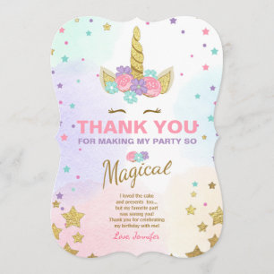 Unicorn Birthday Thank you card Pink Gold Magical