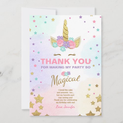 Unicorn Birthday Thank you card Pink Gold Magical