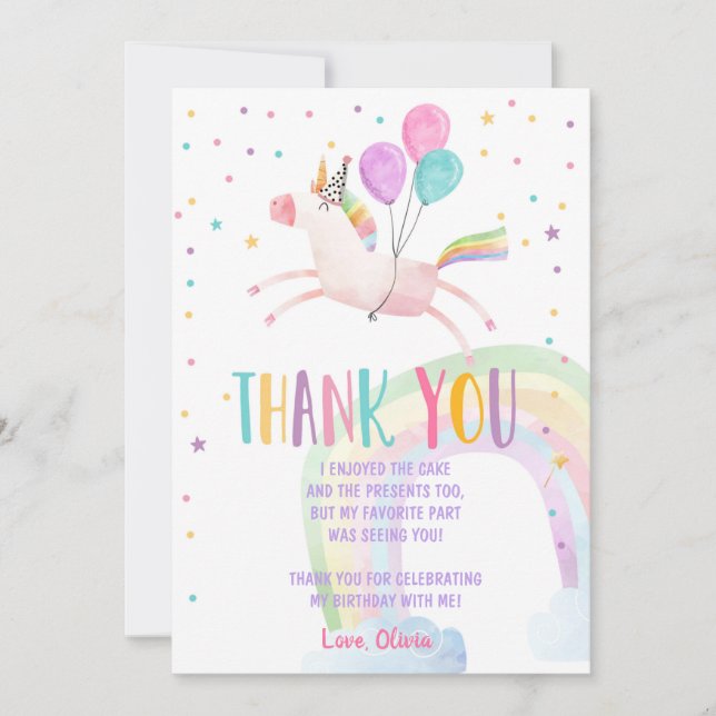 Unicorn Birthday Thank you card Pink Magical (Front)
