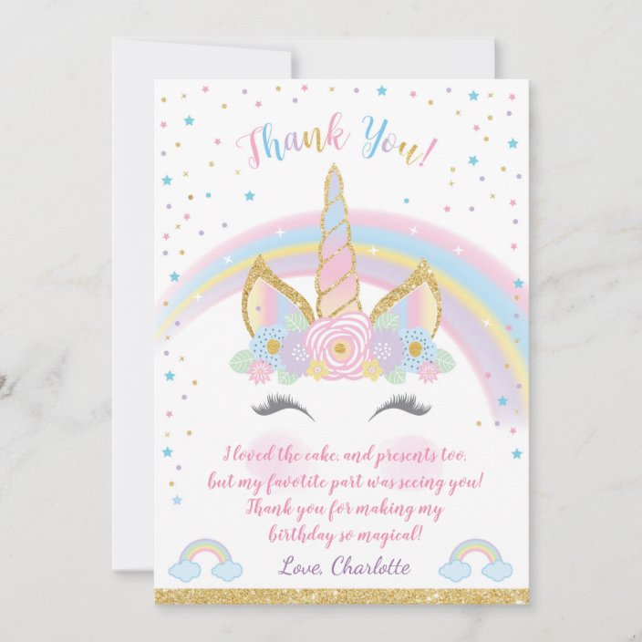 Unicorn Birthday Thank You Note Card With Picture Lavender Purple and Gold Glitter Printable T1 Patel Pink Card with Photo Turquoise