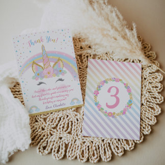 Unicorn Birthday Thank You Card, Unicorn Party Card