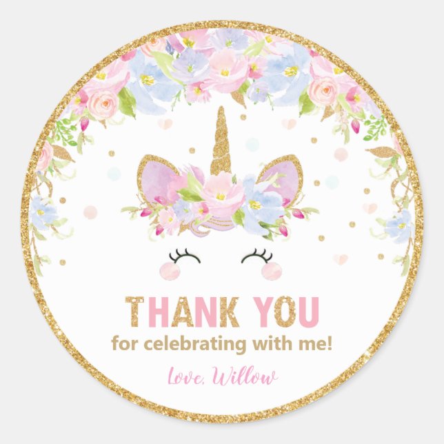 Unicorn Birthday Thank You Favor Sticker Labels (Front)