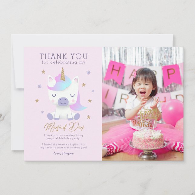 Unicorn Birthday Thank You Photo Card (Front)