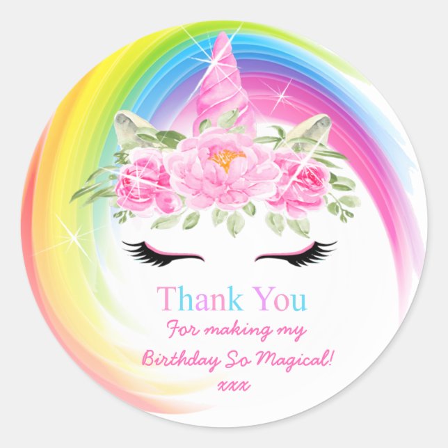 Unicorn Birthday Thank You Sticker (Front)