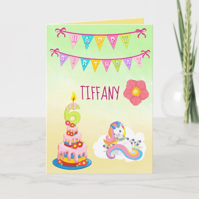 Unicorn Birthday Theme 6 years old Card (Front)