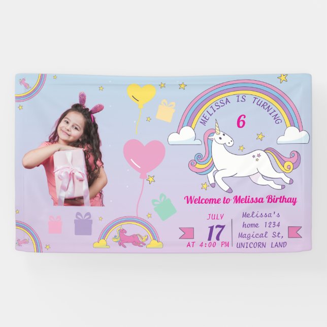 Unicorn Birthday Vinyl Banner- Custom Name & Photo Banner (Horizontal)