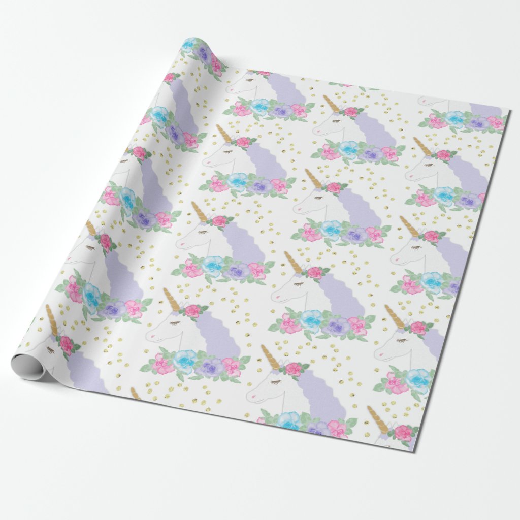 Unicorn Birthday,  Watercolor Floral Wrapping Paper