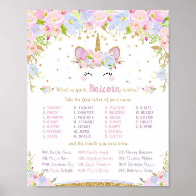 Unicorn Birthday What is Your Unicorn Name Game Poster | Zazzle