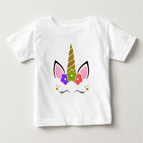 Unicorn Birthday White Gold Flowers Baby T_Shirt