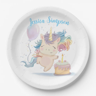 unicorn birthday with cake Paper Plate