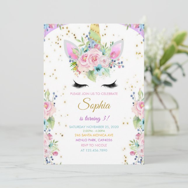 Unicorn Birthday With Glitter Invitation (Standing Front)