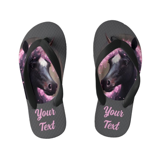 Unicorn Black and Pink Fairy Fantasy Creature Kid's Flip Flops (Footbed)