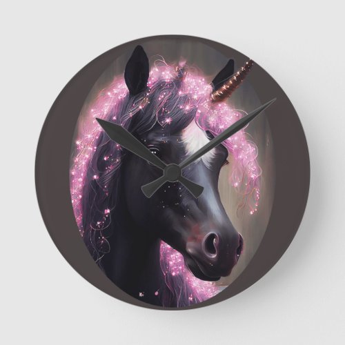 Unicorn Black and Pink Fairy Fantasy Creature  Round Clock