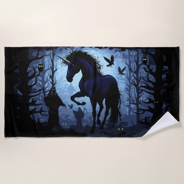 Unicorn Black Magic Fairy in Dark Forest Beach Towel (Front)