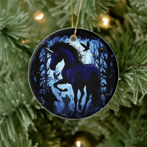 Unicorn Black Magic Fairy in Dark Forest Ceramic Ornament
