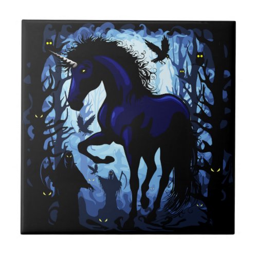 Unicorn Black Magic Fairy in Dark Forest Ceramic Tile