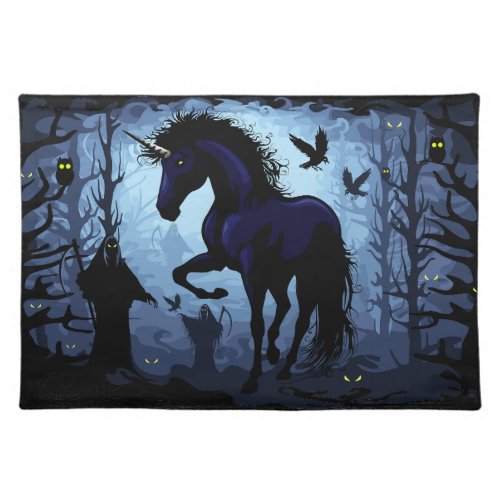 Unicorn Black Magic Fairy in Dark Forest Cloth Placemat
