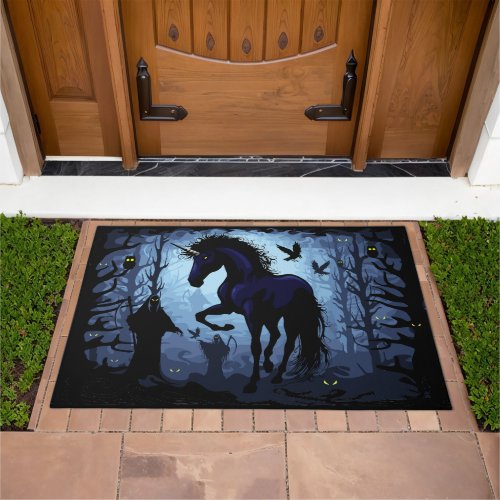 Unicorn Black Magic Fairy in Dark Forest Doormat