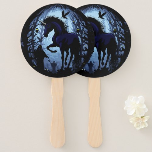 Unicorn Black Magic Fairy in Dark Forest Hand Fan