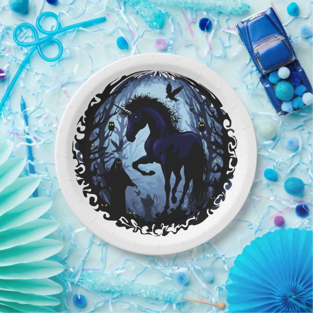Unicorn Black Magic Fairy in Dark Forest Paper Plates (Party)