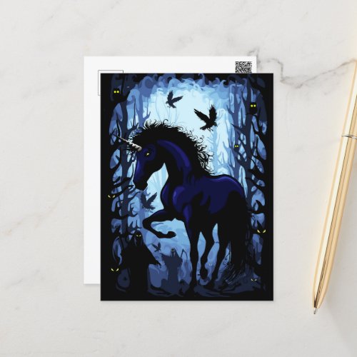 Unicorn Black Magic Fairy in Dark Forest Postcard