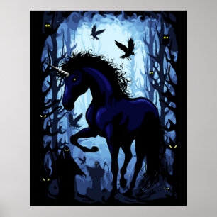 Unicorn Black Magic Fairy in Dark Forest Poster