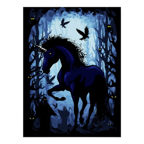 Unicorn Black Magic Fairy in Dark Forest Poster