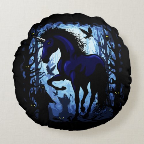 Unicorn Black Magic Fairy in Dark Forest Round Pillow