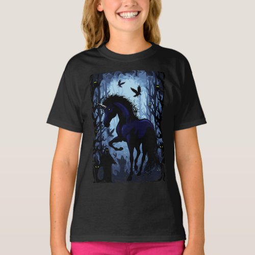 Unicorn Black Magic Fairy in Dark Forest T_Shirt