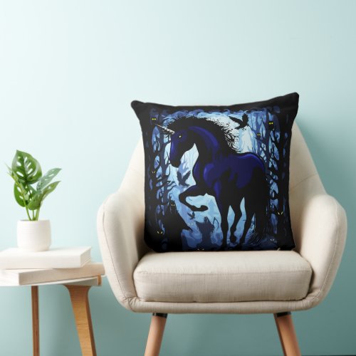 Unicorn Black Magic Fairy in Dark Forest Throw Pillow