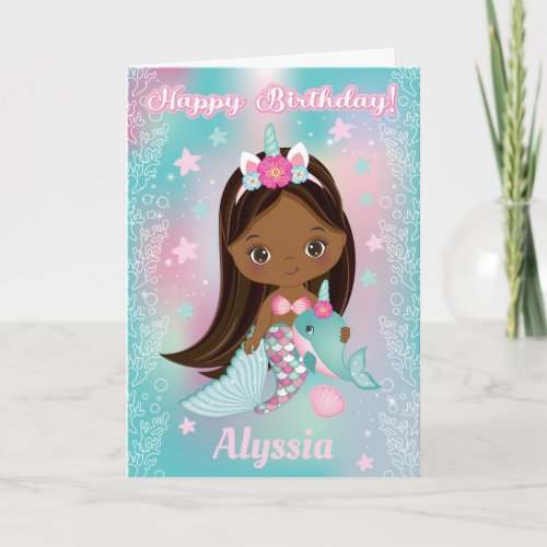 Unicorn Black Mermaid   Happy Birthday Card