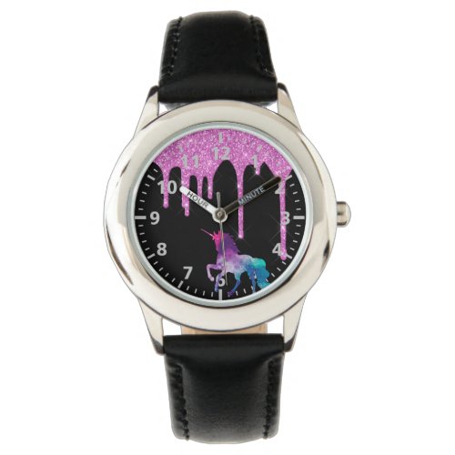 Unicorn black purple glitter drip girl watch