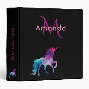 Unicorn black purple pink monogram name 3 ring binder
