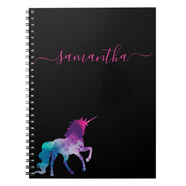 Unicorn black purple pink name script notebook (Front)