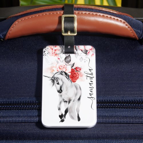 Unicorn Black Red Rose Monogram name Luggage Tag