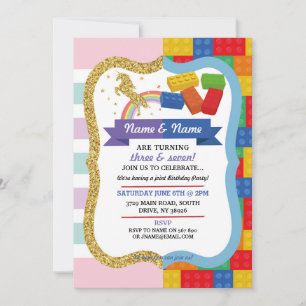 Unicorn & Blocks Joint Boy Girl Birthday Invites