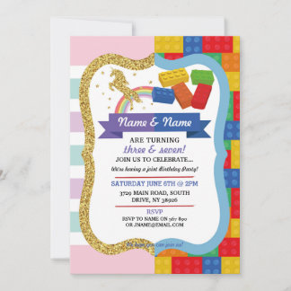 Unicorn & Blocks Joint Boy Girl Birthday Invites