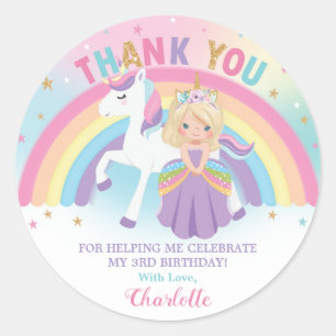 Unicorn Blonde Princess Birthday Thank You Favor Classic Round Sticker