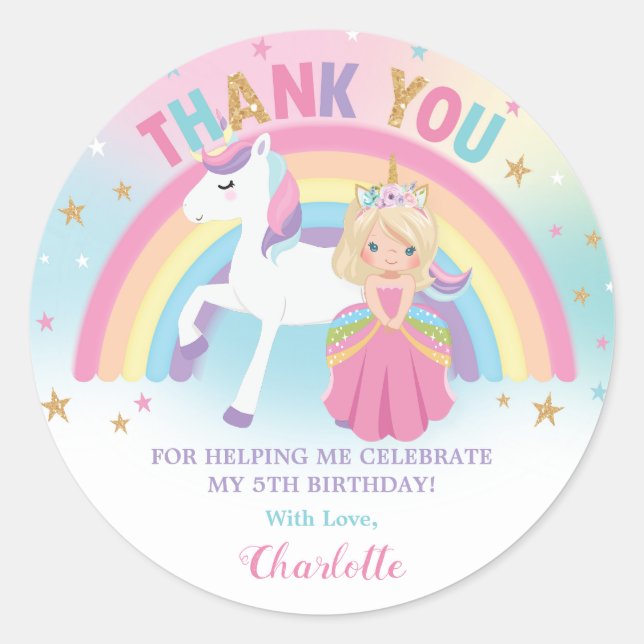 Unicorn Blonde Princess Birthday Thank You Favor Classic Round Sticker (Front)